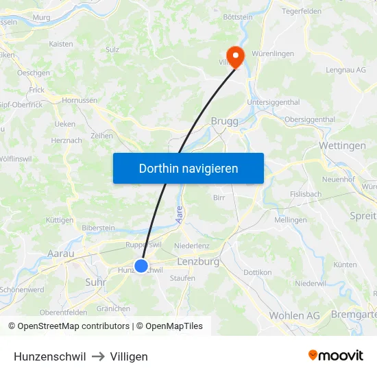 Hunzenschwil to Villigen map