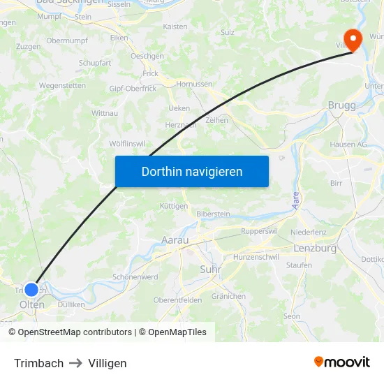 Trimbach to Villigen map