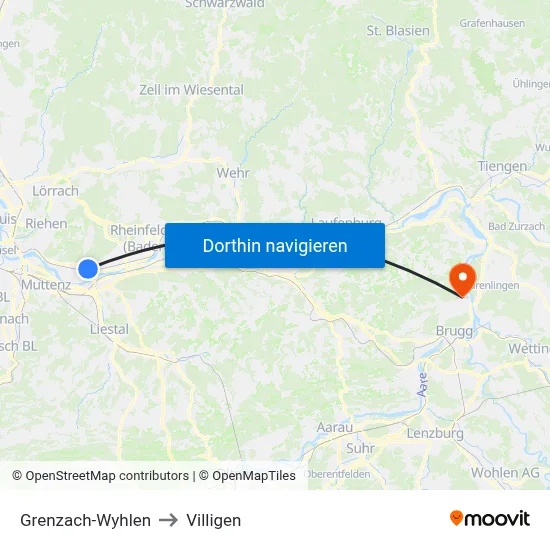 Grenzach-Wyhlen to Villigen map
