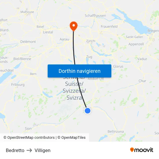 Bedretto to Villigen map