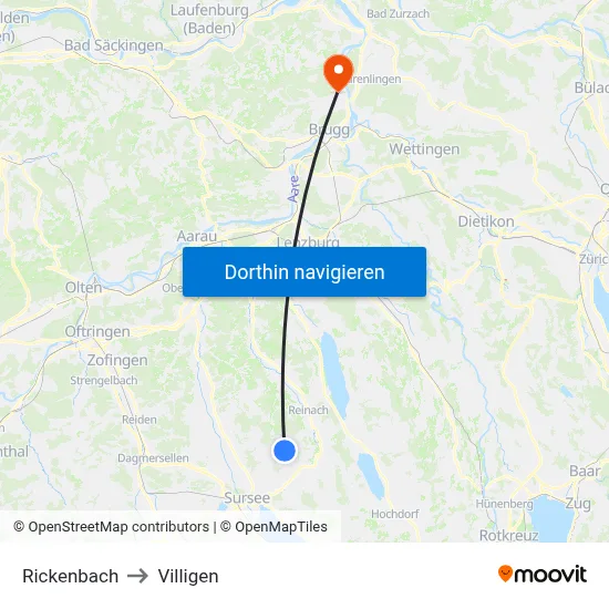 Rickenbach to Villigen map