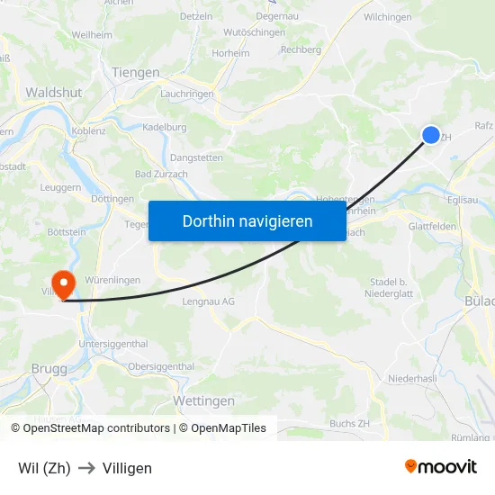 Wil (Zh) to Villigen map