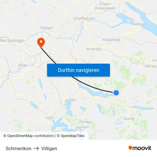 Schmerikon to Villigen map