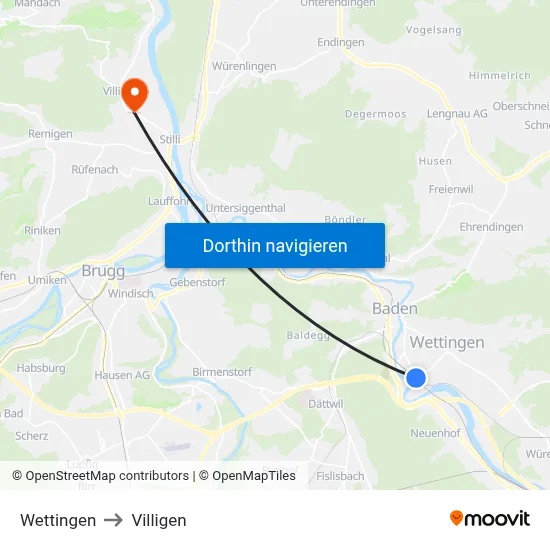 Wettingen to Villigen map