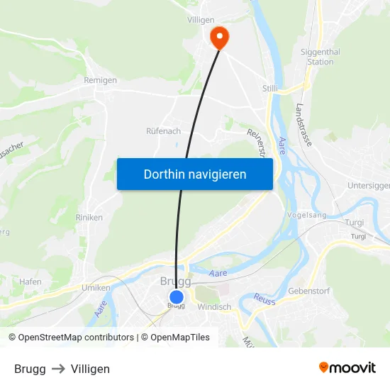 Brugg to Villigen map