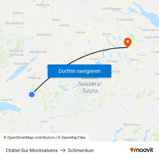 Châtel-Sur-Montsalvens to Schmerikon map