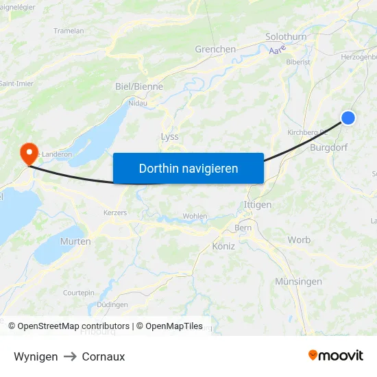 Wynigen to Cornaux map