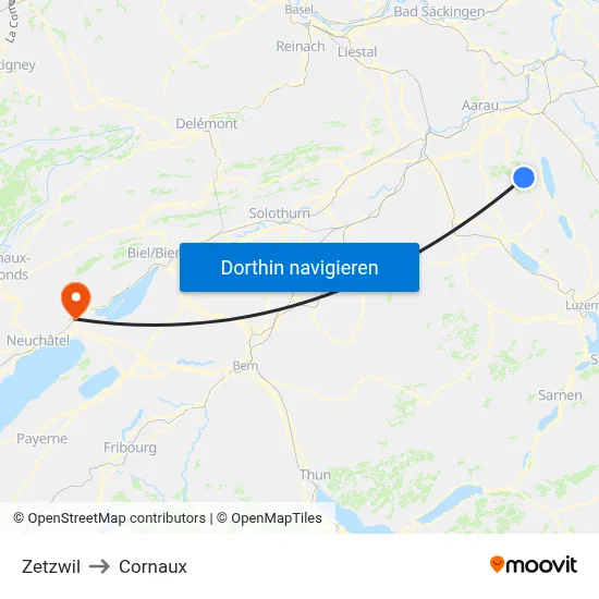 Zetzwil to Cornaux map