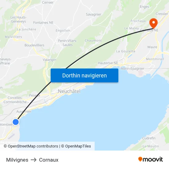 Milvignes to Cornaux map