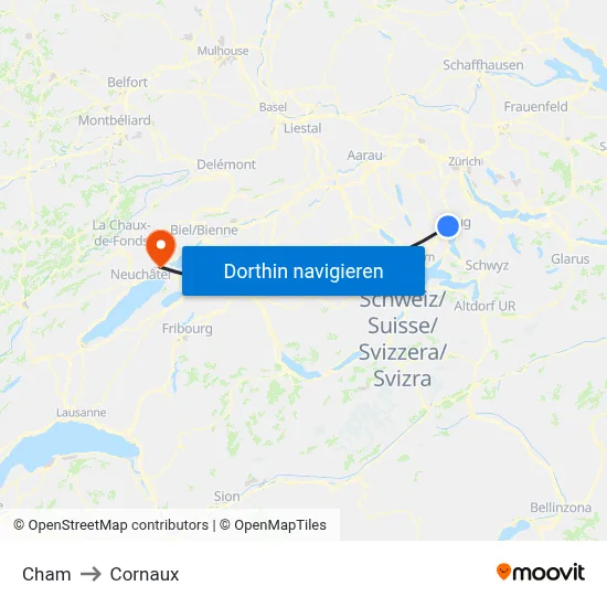 Cham to Cornaux map