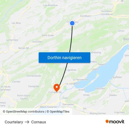 Courtelary to Cornaux map