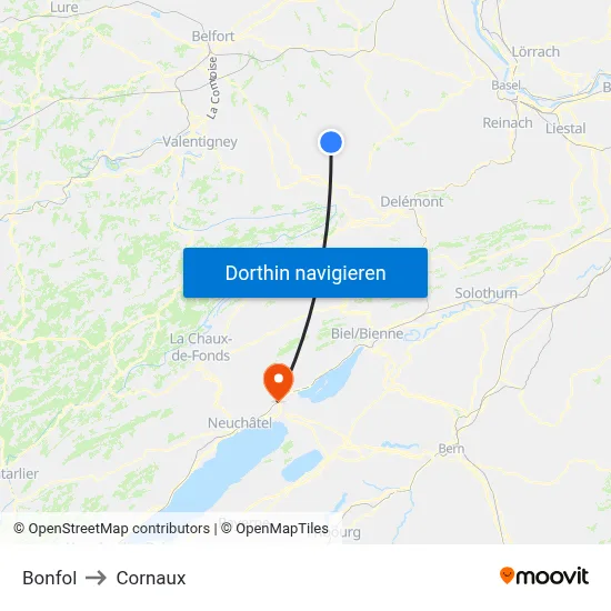 Bonfol to Cornaux map