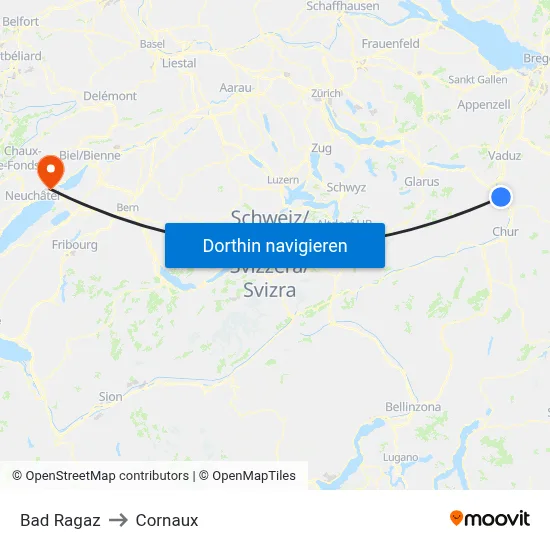 Bad Ragaz to Cornaux map