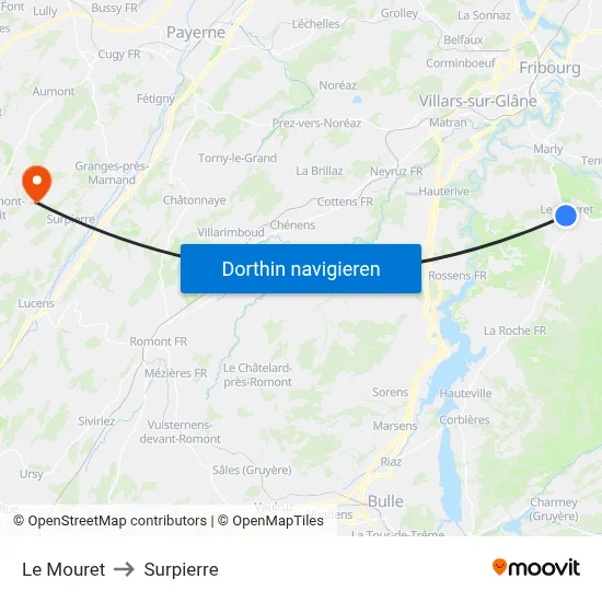Le Mouret to Surpierre map