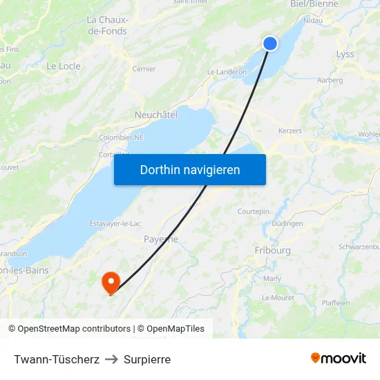 Twann-Tüscherz to Surpierre map