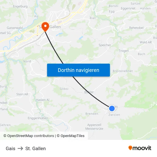 Gais to St. Gallen map