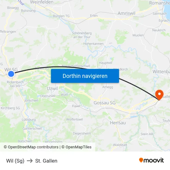 Wil (Sg) to St. Gallen map