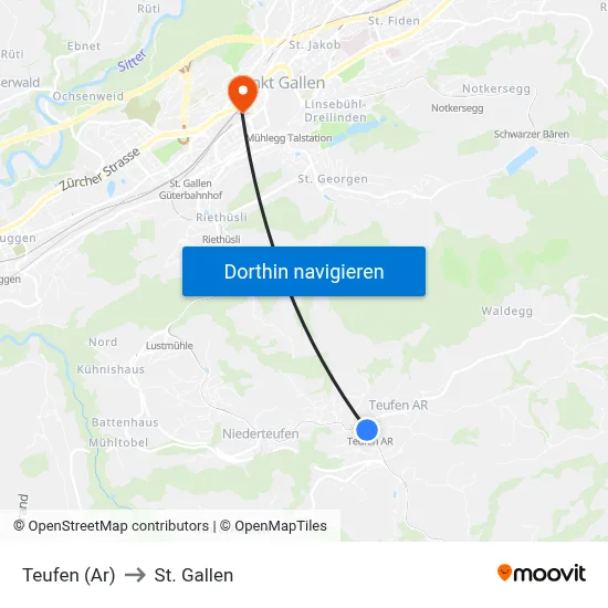 Teufen (Ar) to St. Gallen map