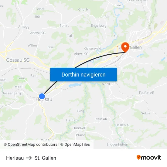 Herisau to St. Gallen map