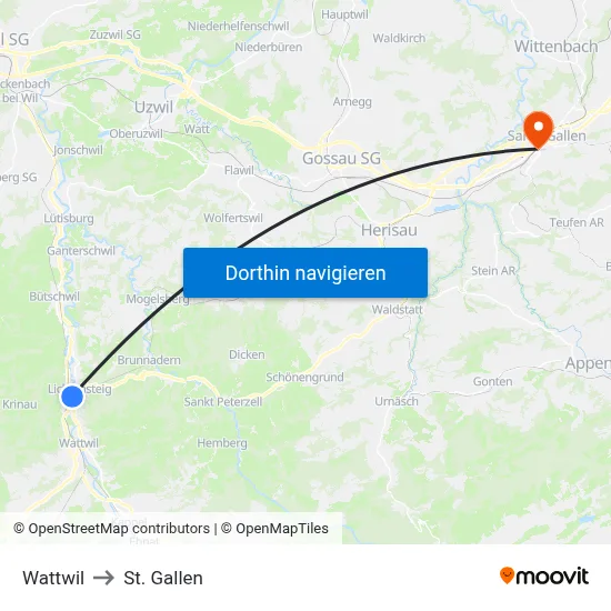 Wattwil to St. Gallen map