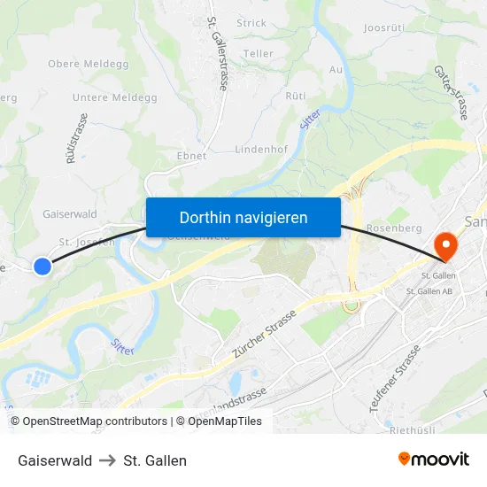 Gaiserwald to St. Gallen map
