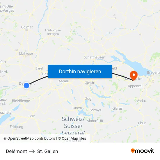 Delémont to St. Gallen map