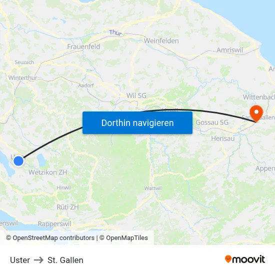 Uster to St. Gallen map