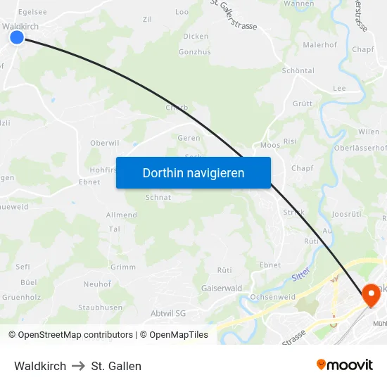 Waldkirch to St. Gallen map