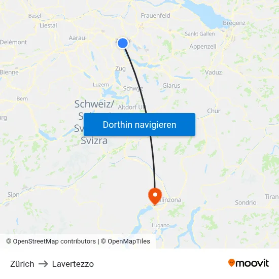 Zürich to Lavertezzo map