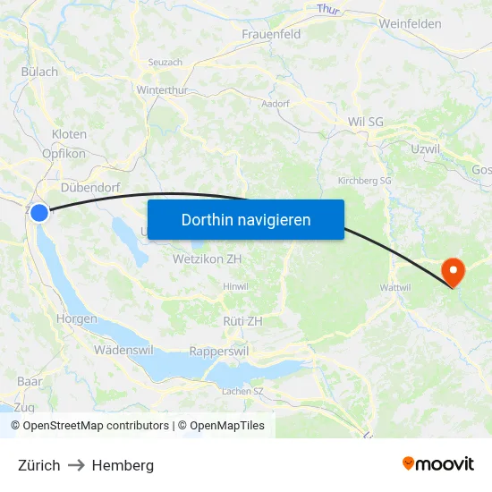 Zürich to Hemberg map
