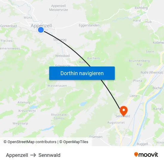Appenzell to Sennwald map