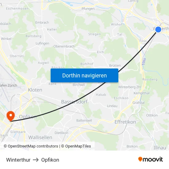 Winterthur to Opfikon map