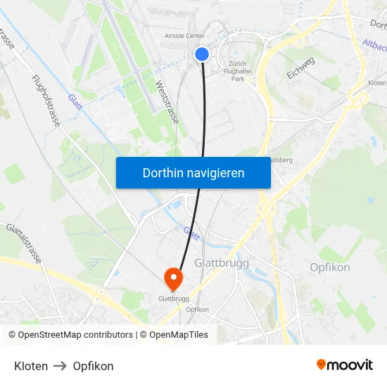 Kloten to Opfikon map