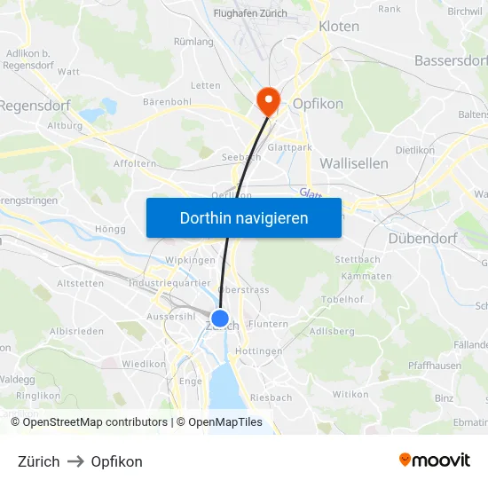 Zürich to Opfikon map