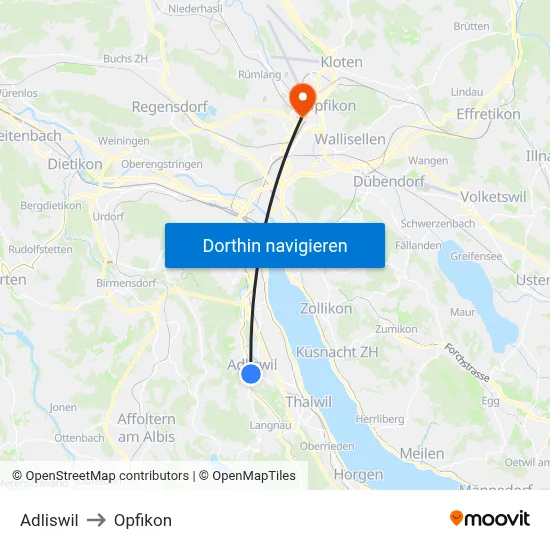 Adliswil to Opfikon map