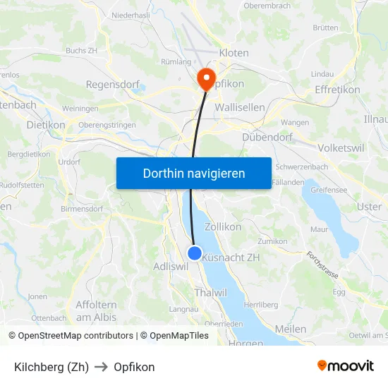 Kilchberg (Zh) to Opfikon map