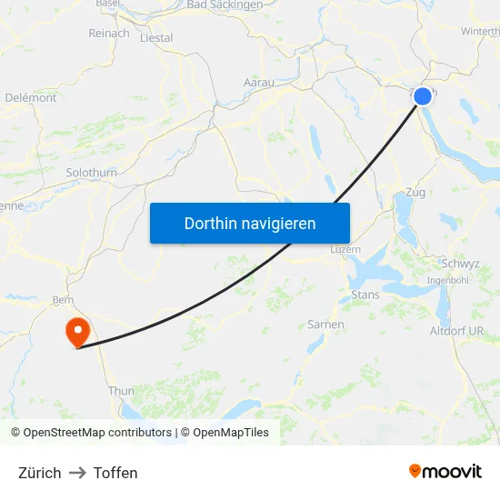 Zürich to Toffen map