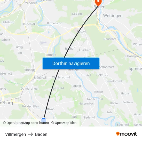 Villmergen to Baden map
