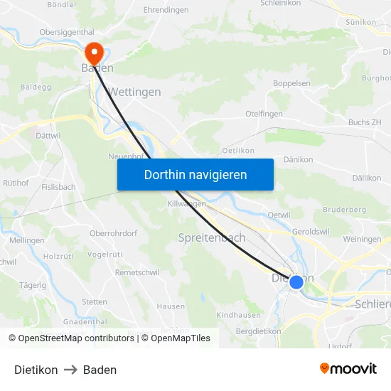 Dietikon to Baden map