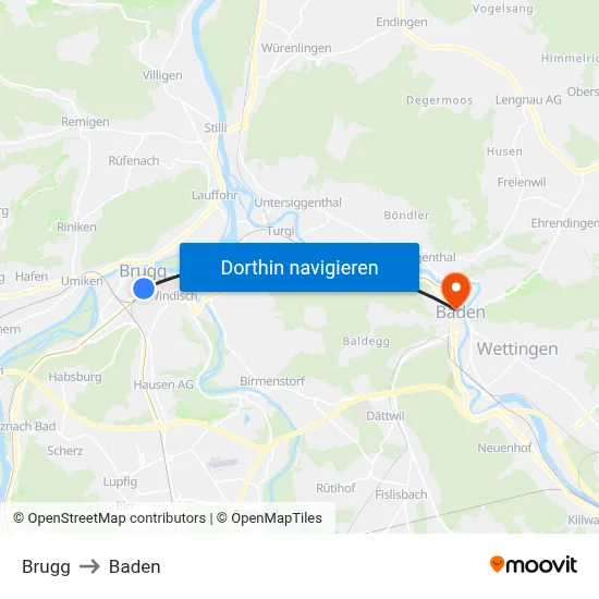 Brugg to Baden map