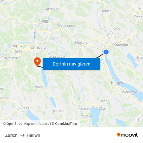Zürich to Hallwil map