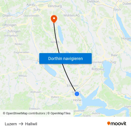 Luzern to Hallwil map
