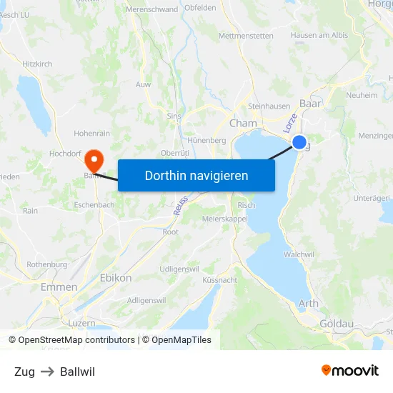 Zug to Ballwil map