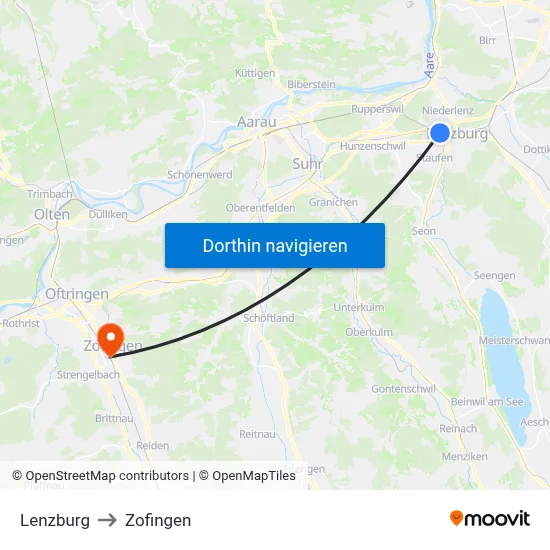 Lenzburg to Zofingen map