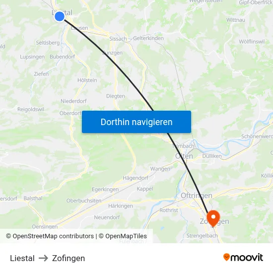 Liestal to Zofingen map