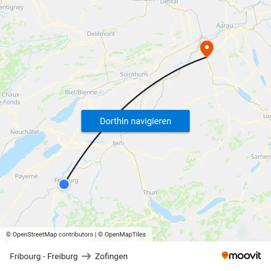 Fribourg - Freiburg to Zofingen map