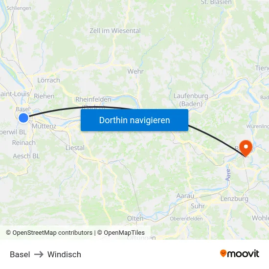 Basel to Windisch map