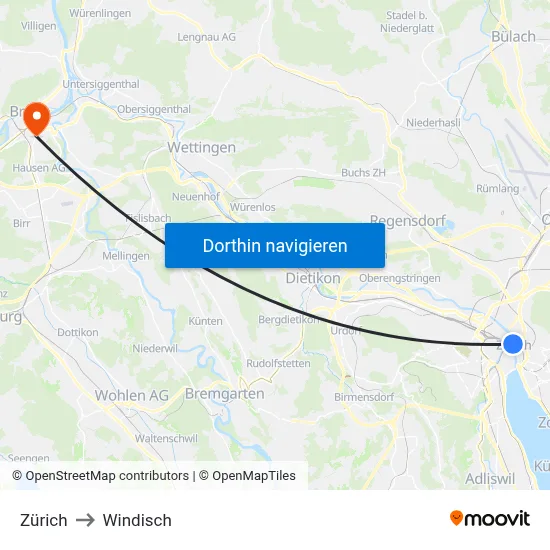 Zürich to Windisch map