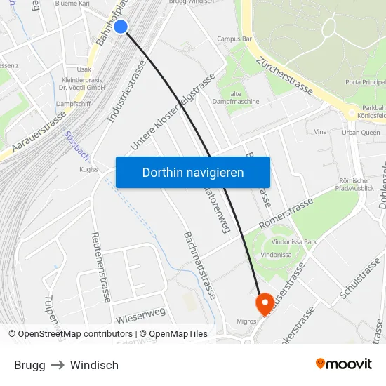 Brugg to Windisch map
