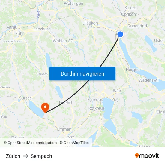 Zürich to Sempach map